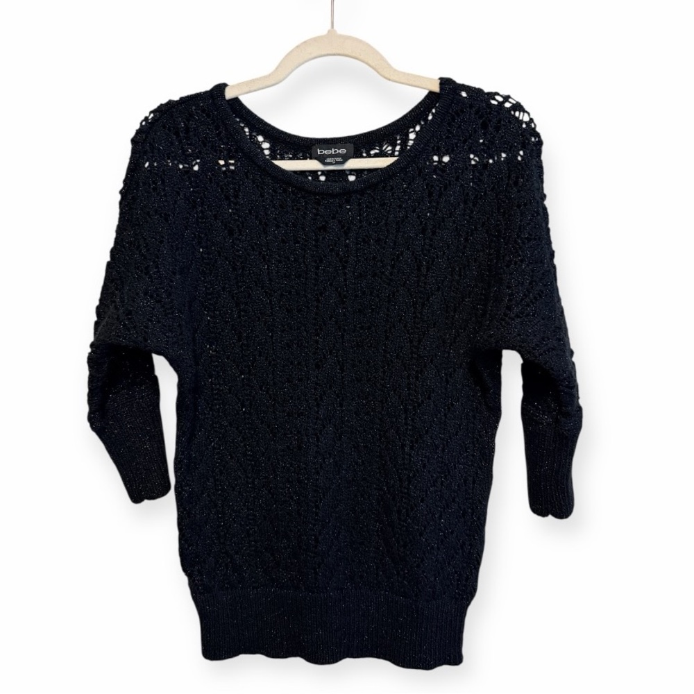 Bebe Vintage Women’s Black Shimmer Open Knit Boat Neck Pullover Sweater Y2K S